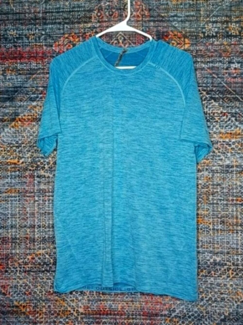 lululemon men heathered blue mesh vented gym running shirt L EUC